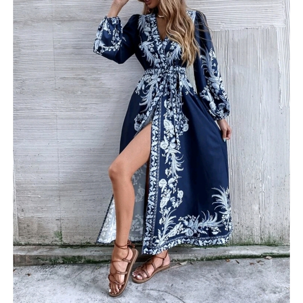 Boho Plants Print V Neck Belted Wrap Dress